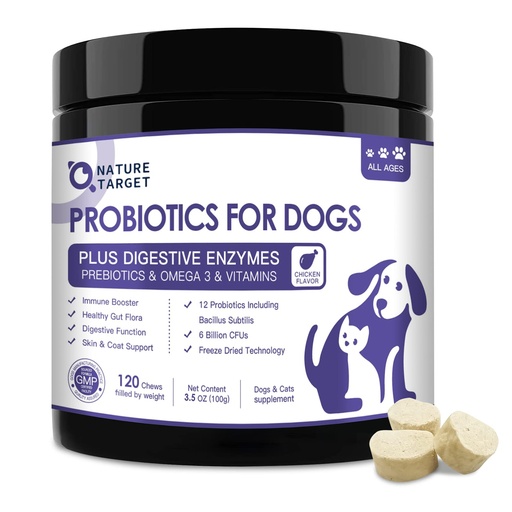 [BRSW2CAYBZ7BYCDD] NATURE TARGET Probiotics for Dogs, 6 Billion Freeze Dried Dog Probiotics with Prebiotics & Enzymes, Vitamins, Omega 3, for Digestive & Gut Health, Itch Relief, Reduce Diarrhea, 120 Bites