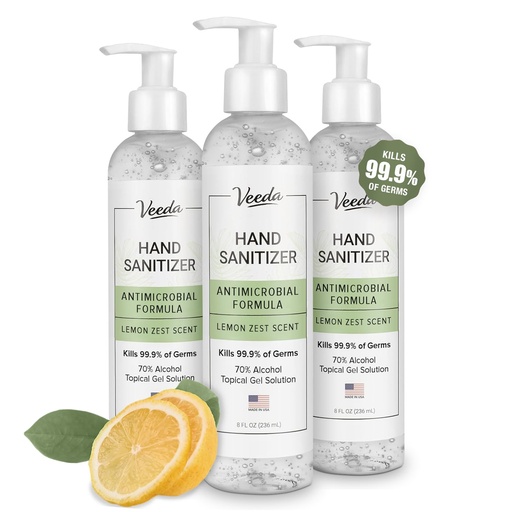 [BRSRAFIDCIPRGHLV] Veeda Scented Hand Sanitizer with Lemon Zest Scent - Moisturizing Clear Gel with Vitamin E & Antimicrobial Formula- Contains 70% Ethyl Alcohol - Hand Sanitizer Travel Size, Made in USA (3 x 8 fl. oz)