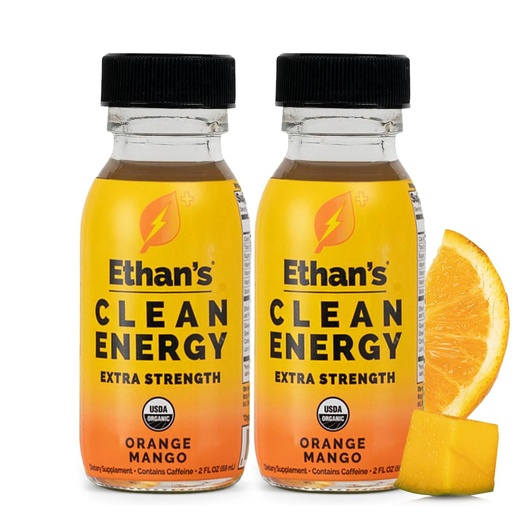 [BRSREHYPBAFGKHIY] Ethan's Organic Clean Energy Shots Orange Mango Extra Strength, 2 Pack of 2oz | 200mg Caffeine | Green Tea, Guayusa, Lion's Mane & Cordyceps | Sugar-Free, Vegan, Gluten-Free, USDA Organic