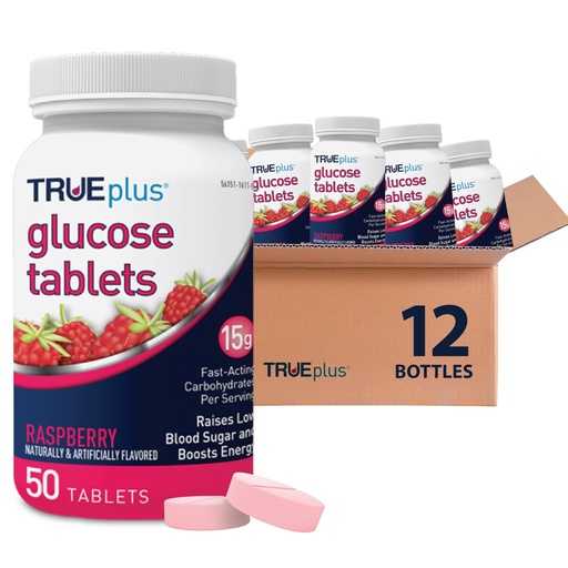 [BRSREAD4OUIAEDQY] TRUEplus Glucose Tablets, Chewable, Raspberry Flavor, 15g Fast-Acting Carbohydrates, Fat Free, Gluten Free, Boost Energy, 50 Count, 12 Bottles