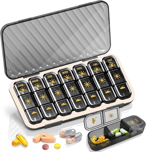 [BRSROFIFDENQIGT2] Weekly Pill Organizer 3 Times a Day, GloDeals Large Travel Pill Box 7 Day, Am Pm Three Daily Pill Case with Removable Medicine Container, Pill Holder for Vitamin, Supplement, Fish Oil, Black