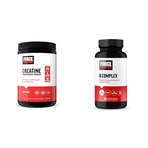 [BRSRAYYYBMBR62Q4] Force Factor Creatine Powder 60 Servings and Vitamin B Complex 60 Capsules Bundle for Muscle Gain, Strength, Energy, and Faster Recovery
