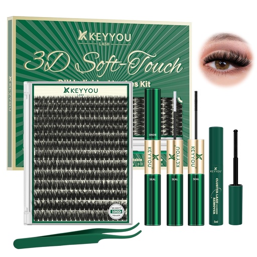 [BRSRACQZCQHB6HTL] KEYYOU 3D Volume Lash Clusters Kit D Curl 100D with Tools DIY at Home | 280Pcs 9-18MIX Thick Volume.Lash Kit: Lash Bond&Seal & Tweezers&Remover. Perfect for Daily Wear, Weddings, Parties & Travel.