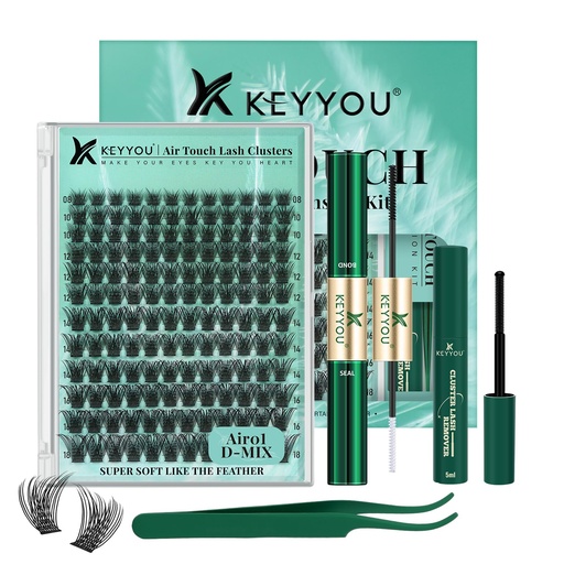 [BRSRAZQYOR5AK3QU] KEYYOU Air Touch Lash Kit Zero Weight Feel for Natural Everyday Makeup Look | D Curl 8-18mm with Bond&Seal, Applicator,Remover Breathable High-Oxygen Fibers Soft Material Great for Travel or Office