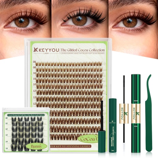 [BRSRGEIEBN5Q2AI6] KEYYOU Brown Flora Clusters Kit w/Black Bunny Lashes for Dramatic Parties | 162pcs Flaunt D Curl 8-16/8-14mm,with Bond&Seal,Remover,Applicator Voluminous Fluffy look Perfect for weddings or a night out