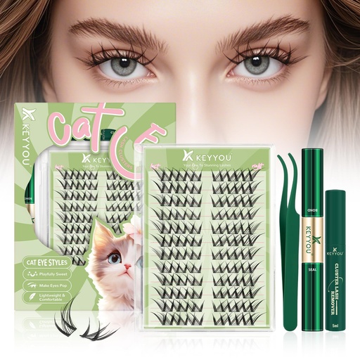 [BRSREHYRC4JWMEQ6] KEYYOU Lash Clusters Kit Anime Cat Lash Clusters 72pcs Wispy Natural Cat style Lash Extension Kit with Bond and Seal,Applicators,Remover for Manga DIY Eyelash Extension Kit at Home（MC01）