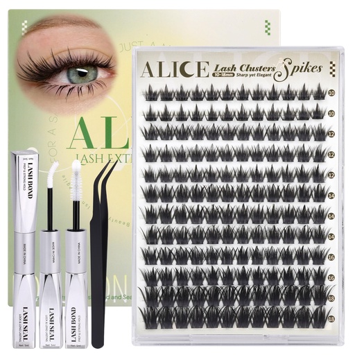 [BRSRYZYKAEAWGAAZ] ALICE Spikes Lash Clusters Kit Wispy Lash Extension Kit 10-18mm | White bond and seal plus tweezers for pointed wispy placement, elegant eye definition, anime-inspired detail, and soft glam