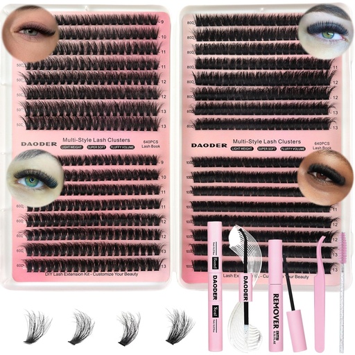 [BRSREZQECMFWAAL3] DAODER Thick Short Eyelash Extension Kit 9-13MM Wispy Fluffy Lash Clusters Kit with Remover 50D+60D+80D+100D Cluster Eyelash Extensions D Curl with Bond And Seal 640pcs (50D+60D+80D+100D Kit 9-13MM)