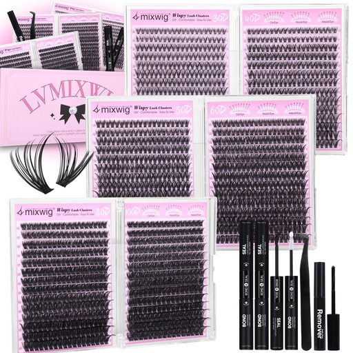 [BRSRGC33B4NBADQ3] 6 Styles Lash Clusters Kit 1596PCS Mega Lash Extension Kit Wispy Eyelash Clusters Volume Cluster Lashes with 2X Lash Bond and Seal Gift Packs 8-16MM D Curl Individual Lashes for Beginners by Lvmixwig