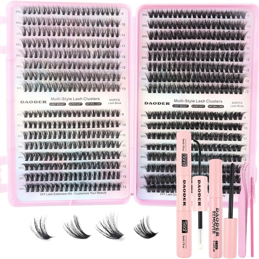 [BRSRA2Q7OV6GGHY6] DAODER Lash Clusters Kit 640Pcs Natural Cluster Eyelash Extensions Fluff 30D-60D D Curl Short Individual Lashes 9-13MM with Lash Bond Seal Remover