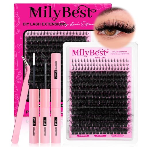 [BRSRGGQQPN6WMH3Z] MilyBest Fluffy Lash Clusters Kit with Bottom Lashes, 16-25mm Long Thick Cluster Eyelash Extensions, 233Pcs 200D Volume Eyelash Clusters with Lash Bond and Seal Wispy D Curly Individual Lashes Kit