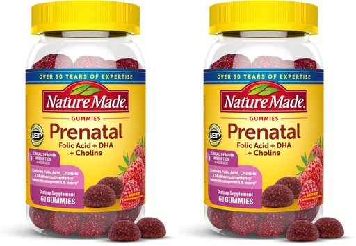 [BRSRGGQNOIIAI23A] Nature Made Prenatal Gummies with DHA and Folic Acid, Prenatal Vitamins for Women for Daily Nutritional Support, 60 Gummies, 30 Day Supply,(Pack of 2)