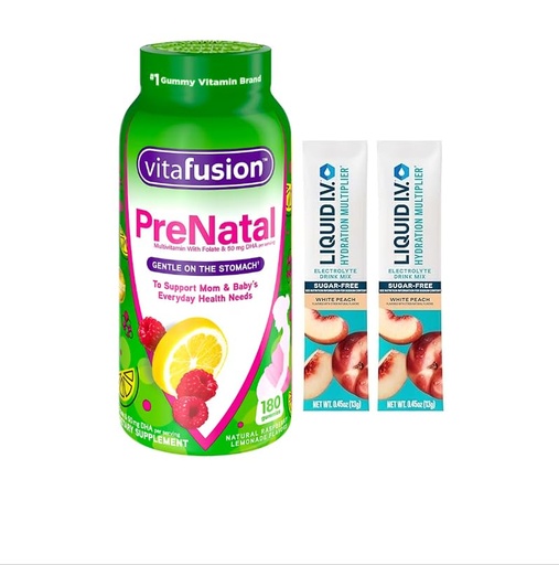 [BRSRABT3OV6Q23Y7] Vitafusion Prenatal Multivitamins with Folate and 50mg DHA,Dietary Supplement for Women- Natural Raspberry and Lemonade Flavor- 180 Gummies - Bonus 2 Sugar-Free White Peach Hydration Sticks