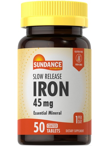 [BRSROAIBOUNWMADJ] Sundance Iron 45mg Slow Release Pills | 50 Tablets | Essential Mineral Supplement | Vegetarian, Non-GMO, and Gluten Free Formula