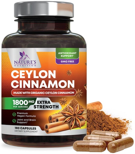 [BRSW2CQ2OUIWYCQU] Organic Ceylon Cinnamon Capsules - Extra Strength Certified Organic Ceylon Cinnamon Supplement 1800mg Per Serving - Energy & Heart Support Antioxidant Pill for Women & Men, Bottled USA - 180 Capsules