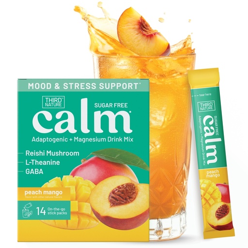 [BRSREAQTBYPBU33P] Third Nature Calm Powdered Drink Mix for Stress Support, Relaxation, Healthy Cortisol & Focus - No Sugar, Non-GMO On-The-Go Calming Drink with Magnesium Glycinate, GABA, Peach Mango, 14 Stick Packs