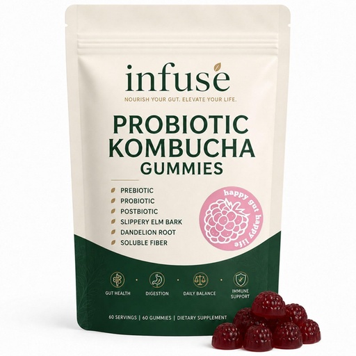 [BRSRYZILAENAY3IU] Infuse Probiotic Kombucha Gummies, Postbiotic Daily Wellness Supplement, Slippery Elm & Dandelion Root, Gut Health Support, Natural Raspberry Flavor