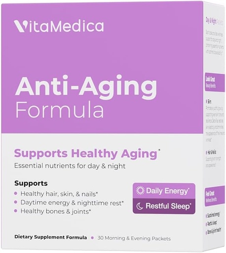[BRSWIYQYAADWOCDM] VitaMedica Anti-Aging Formula 4-in-1 Health and Beauty Supplement | Anti Aging Supplement for Women and Men | Healthy Hair, Skin, and Nails | Natural Energy & Restful Sleep | 30 AM & PM Packets
