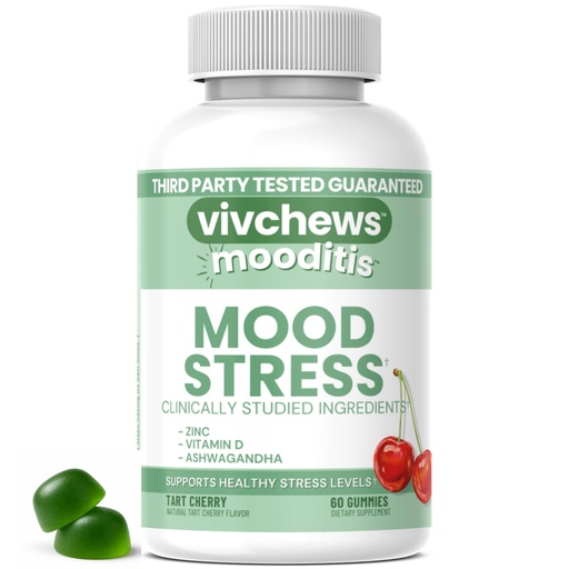 [BRSRGGQODMMREEL3] Mood & Stress Gummies – Zinc, Vitamin D & Ashwagandha for Calm & Emotional Balance, Natural Tart Cherry Flavor, Fruit Pectin Based, Non-GMO, No Artificial Colors or Sweeteners, 60 Count