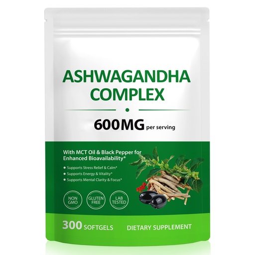 [BRSRGALYBENQ22DD] Ashwagandha Supplements 300 Count for Women & Men, 600mg Ashwagandha Extract Complex with MCT Oil & Black Pepper, Extra Strength Stress & Mood Support, Non GMO Formula, Vegetarian Softgel Capsules