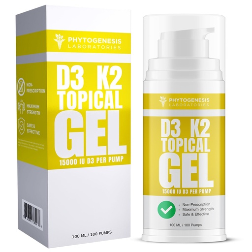 [BRSRMHT3OYIRQ2DX] Phytogenesis Vitamin D3 K2 Maximum Strength Topical Gel - 15000+ IU Per Pump - The Sunshine Vitamin - Supports Bone & Joint Health, Immune Support - One Month Supply