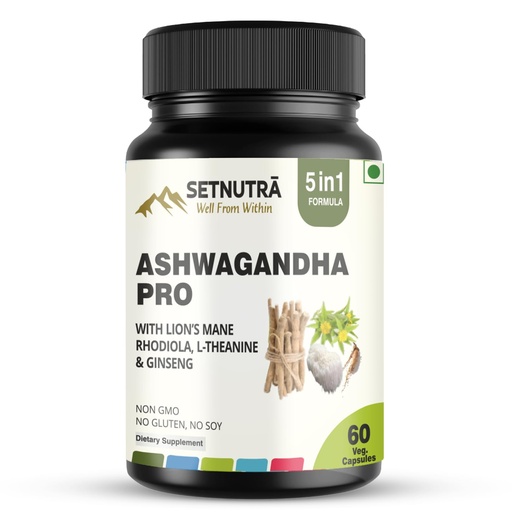 [BRSREZIFCR7WKFAY] 5 in 1 Ashwagandha Pro Supplement with Lion's Mane Rhodiola L Theanine & Ginseng | Natural Energy | Non GMO Gluten Free Vegan Capsules (60 Count)
