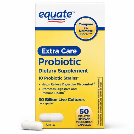 [BRSREZA3CR5BYGTB] Equate Extra Care Multi Strain Probiotic Capsules-30 Billion CFU-10 Strains | Daily support for shoppers seeking gut health supplements, digestive balance, immune health, and shelf-stable convenience