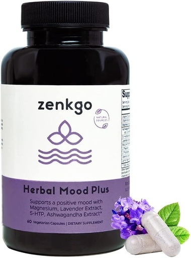[BRSRMBIPPMIWGYLF] Zenkgo Ashwagandha, 5-HTP, Lavender, Mucuna, L-tryptophan - Mood Support Supplement, Plant-Based, Herbal Mood Plus Helps with Calm Mind & Stress Relief, Emotion Blalance, Positivity (60Ct/30Day)