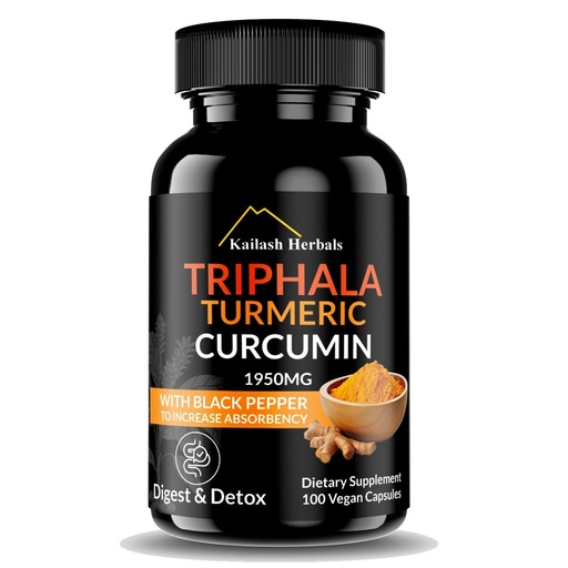[BRSRAFICCB4A23TH] Kailash Herbals Triphala Turmeric Curcumin 1950MG with Black Pepper, 100 Vegan Capsules, Digestive System Health, Dietary Supplement