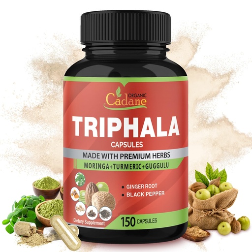 [BRSW2ZYRBMMAEG3B] Organic Cadane Triphala Extract Capsules, 5 Months Supply with Turmeric, Guggulu, Ginger, Black Pepper, Moringa - Support Digestion Health & Immune System