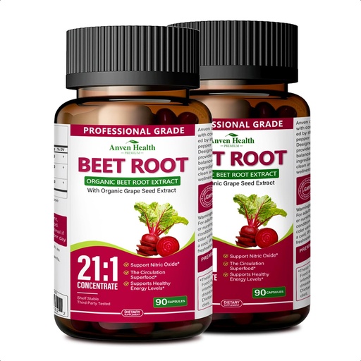 [BRSRGAYTOF6RUH3J] Organic Beet Root 21:1 Extract Nitric Oxide, Non-GMO, 180 | High Potency Nitric Oxide Supplement, Black Pepper for Enhanced Absorption