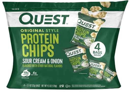 [BRSREBL7CNYAYCI2] Quest Nutrition Sour Cream & Onion Protein Chips, 19g Protein, 4g Net Carbs, Low Carb, Gluten Free, 1.1 oz, 4 count