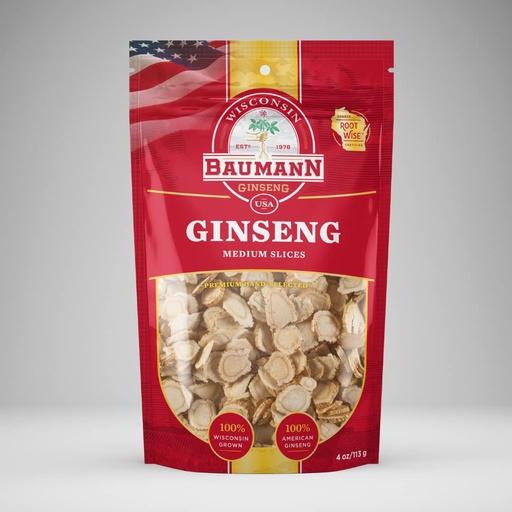 [BRSWYZAQB4AQGADG] Baumann Wisconsin Ginseng - Medium Slices 4 oz - 100% Natural Panax Ginseng Herb, Pure Dried American Ginseng for Enhanced Focus & Energy