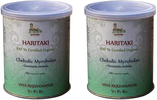 [BRSW22QOA4CWCEY2] Gopala Ayurveda HARITAKI Capsules (USDA Certified Organic) Ayurvedic Herb Terminalia chebula - 108 Vcaps of 500mg Each (Pack of 2)