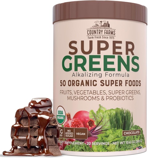 [BRSWECQ7OUCQGGY6] COUNTRY FARMS Organic Super Greens Chocolate Flavor, 50 Organic Super Foods, USDA Organic İçki Mix, Fiber, Fruits, Pərtlər, Mushrooms və Probiotiklər, Supports Energy, 7g Fiber