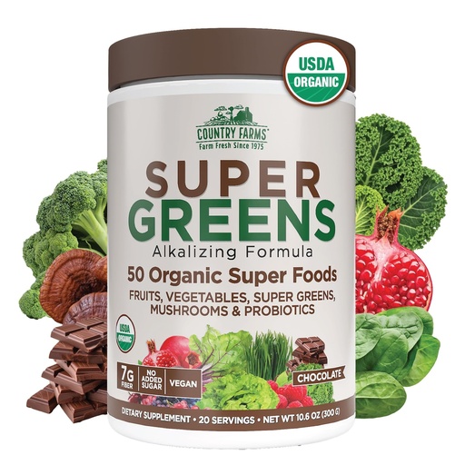 [BRSWECQ7OUCQGGY6] Country Farms Organic Super Greens Chocolate Flavor, 50 Organic Super Foods, USDA Organic Drink Mix, Packed with Fiber, Fruits, Vegetables, Mushrooms & Probiotics, Supports Energy, 7g Fiber