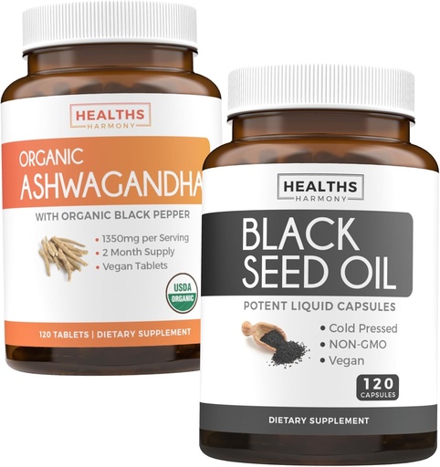 [BRSROZACOYNRY333] Black Seed Oil & Organic Ashwagandha - Renew & Recharge Bundle - Black Seed Oil - 120 Soft-gel kapsulak (GMO eta Vegetarian ez direnak) eta Ashwagandha Root Powder organikoa 1350mg (120 Tablet)