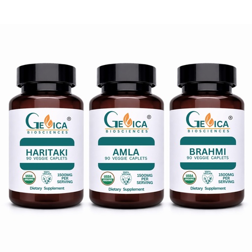 [BRSRGCQOC4BGYF3B] USDA Organic Haritaki (Terminalia chebula) + Amla (Phyllanthus emblica) + Brahmi (Bacopa monnieri) Bundle – 1500 mg per Serving Each, Whole Fruit & Whole Herb Powder, No Extracts, 90 Caplets Each