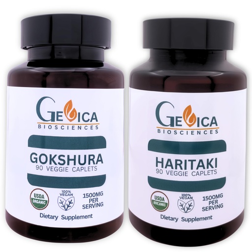 [BRSRGAQHCIMA2333] USDA Organic Gokshura (Tribulus terrestris) + Haritaki (Terminalia chebula) Bundle – 1500 mg per Serving Each, Whole Herb Powder, No Extracts, 90 Caplets Each