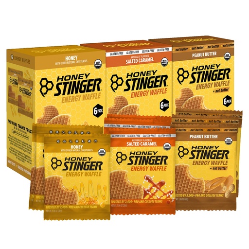[BRSRG2T6BAMBYC3U] Honey Stinger Organic Energy Waffle Classic Original Flavors Variety Pack of 18, 6 Pack Each of Honey, Salted Caramel, Peanut Butter, Nutritious Stroopwafel Snack for Performance, Cycling, Running