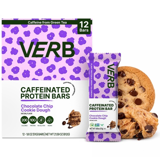 [BRSRACYZPMGR4HYY] Verb Energy - Caffeinated Protein Bars Chocolate Chip Cookie Dough 190-Calorie Low Sugar 10g Protein Bar - Vegan Snacks - Gluten Free Breakfast Bars with Organic Green Tea, 51g Per Bar (Pack of 12)