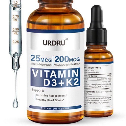 [BRSRACAHBB6B62DJ] Organic Vitamin D3 K2 Liquid Drops - 1 Fl Oz Max Absorption 1,000 IU D3 & 200mcg K2 Drops for Immune & Mood, Bone & Teeth Health – 30ml