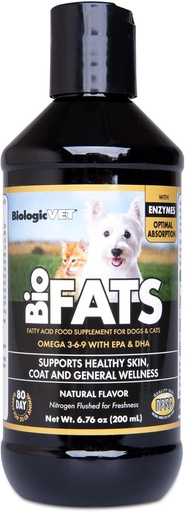 [BRSWGFINOEIQYAI2] BiologicVET BioFATS - Contains Omegas 3, 6 & 9 - with EPA, DHA & ALA - for Dog & Cat - Skin & Joint Health Support - Includes Fish, Flaxseed & Olive Oil - 6.76 fl. oz.