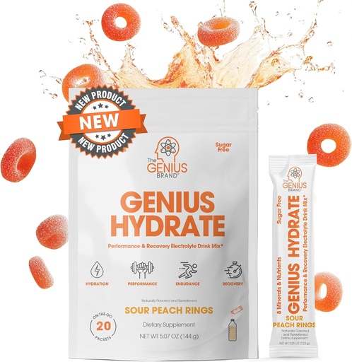 [BRSRA234OAIW2CT2] The Genius Brand Genius Hydrate - Electrolyte Supplement for Daily Hydration - Coconut Water - Sugar-Free - 8 Essential Minerals & Nutrients - Non-GMO - Sour Peach Rings - 20 Servings