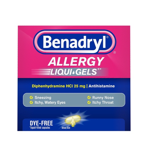 [BRSWIZYIB4OB4G3U] Benadryl Liqui-Gels Antihistamine Allergy Medicine & Cold Symptom Relief, Dye-Free Liquid Gels with 25 mg of Diphenhydramine HCl for Symptoms Such As Runny Nose, Sneezing & More, 24 ct