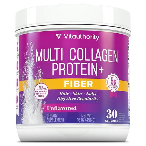 [BRSREFALC4IQAYLU] Vitauthority Multi Collagen Protein Powder + Fiber Supplement Collagen Types I, II, III, V & X | Hair, Skin, Nail, & Digestive Support | Vitamin C & Hyaluronic Acid, Unflavored 30 Servings