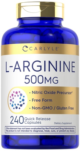 [BRSROEA2DF6BQCAZ] Carlyle L-Arginine 500 mg Capsules | 240 Count | Nitric Oxid Precursor | Free Form Amino Acid | Non-GMO & Gluten Free Supplement