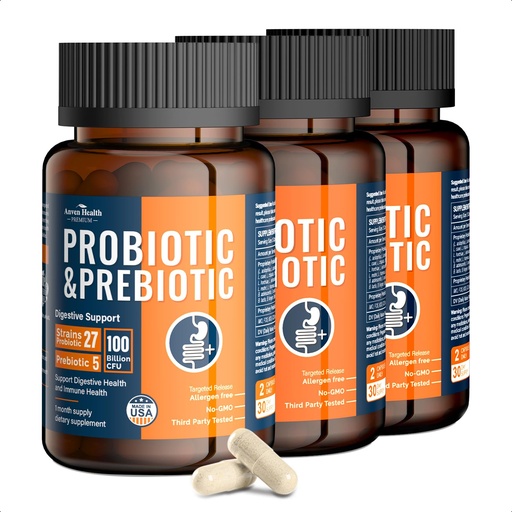 [BRSRAYI7OF5AYE3P] 100 Billion Probiotics for Men and Women 27 Strains 5 Organic Prebiotics for Gut Digestive & Immune Health, Supports Diarrhea Gas Bloating, Non-GMO, Zero Fillers – Made in USA丨180 Caps