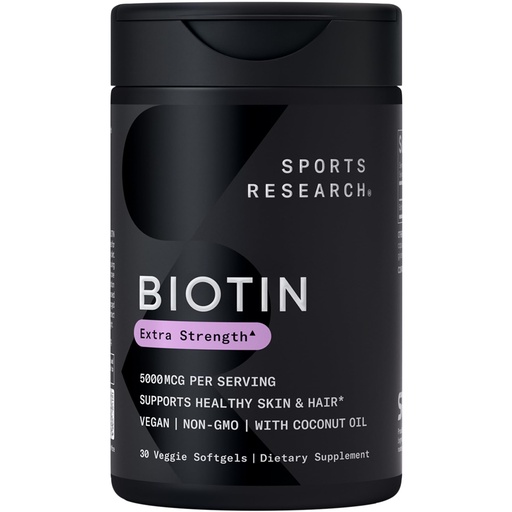 [BRSW2CQ2BZ5QMAA2] Sports Research® Biotin 5,000mcg with Organic Coconut Oil - Biotin (Vitamin B7) for Healthy Skin and Hair Support* - for Women and Men - Vegan, Non-GMO, Gluten & Soy-Free - 30 Veggie Softgels