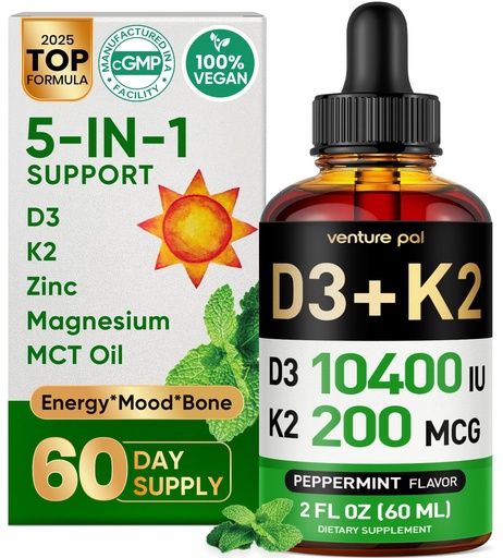 [BRSRAGA3A4PGM2T7] 5-in-1 Vitamin D3 K2 Drops - Vitamin D3 10000 IU & K2(MK-7) 200mcg with Magnesium, MCT Oil, Zinc, Sugar Free Vitamin D Liquid Supplement|Maximum Absorption for Bone, Mood & Immune - 2 FL OZ, 60 Days